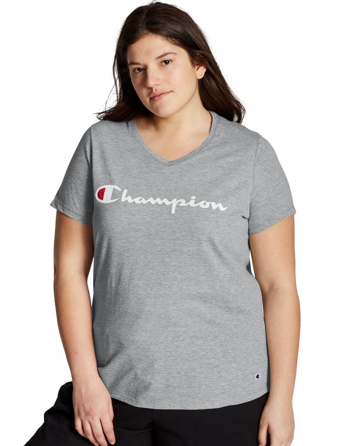 Champion T-Shirt Dames - Grijs - Plus Jersey V-Neck Script Logo ( 364219-PIH )